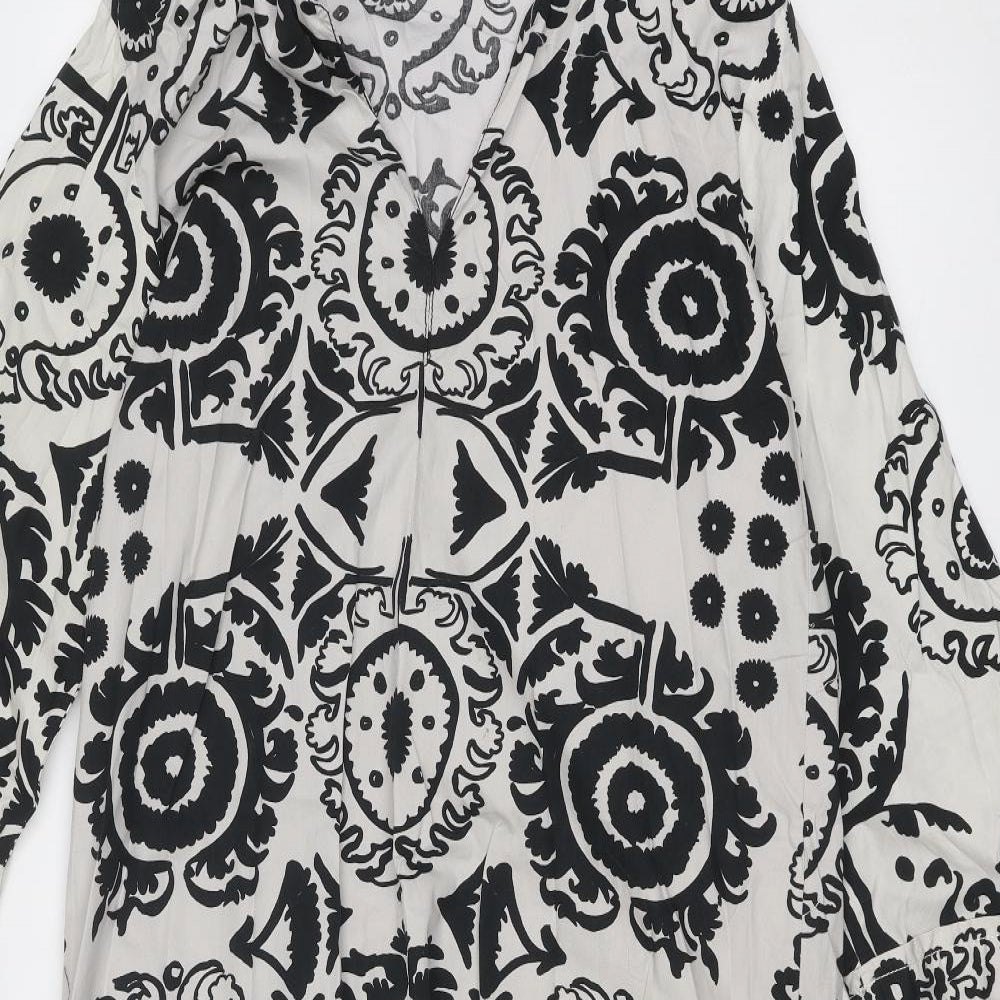 Zara Womens Black Geometric Polyester Kaftan Size L V-Neck Pullover