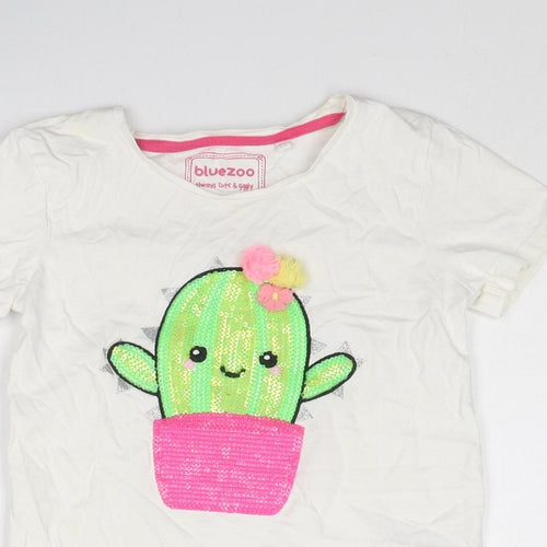 Blue Zoo Girls White Cotton Basic T-Shirt Size 5-6 Years Round Neck Pullover - Cactus Print