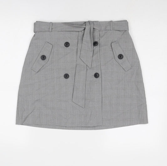 Zara Womens Grey Plaid Polyester A-Line Skirt Size L Button