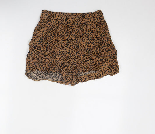 H&M Womens Brown Animal Print Viscose Basic Shorts Size 8 Regular Pull On - Leopard Print
