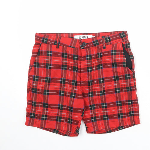 Topman Mens Red Plaid Polyester Chino Shorts Size 32 in Regular Zip