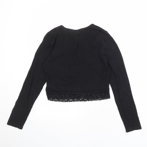 New Look Girls Black Cotton Cropped T-Shirt Size 14-15 Years Round Neck Pullover - Lace Details
