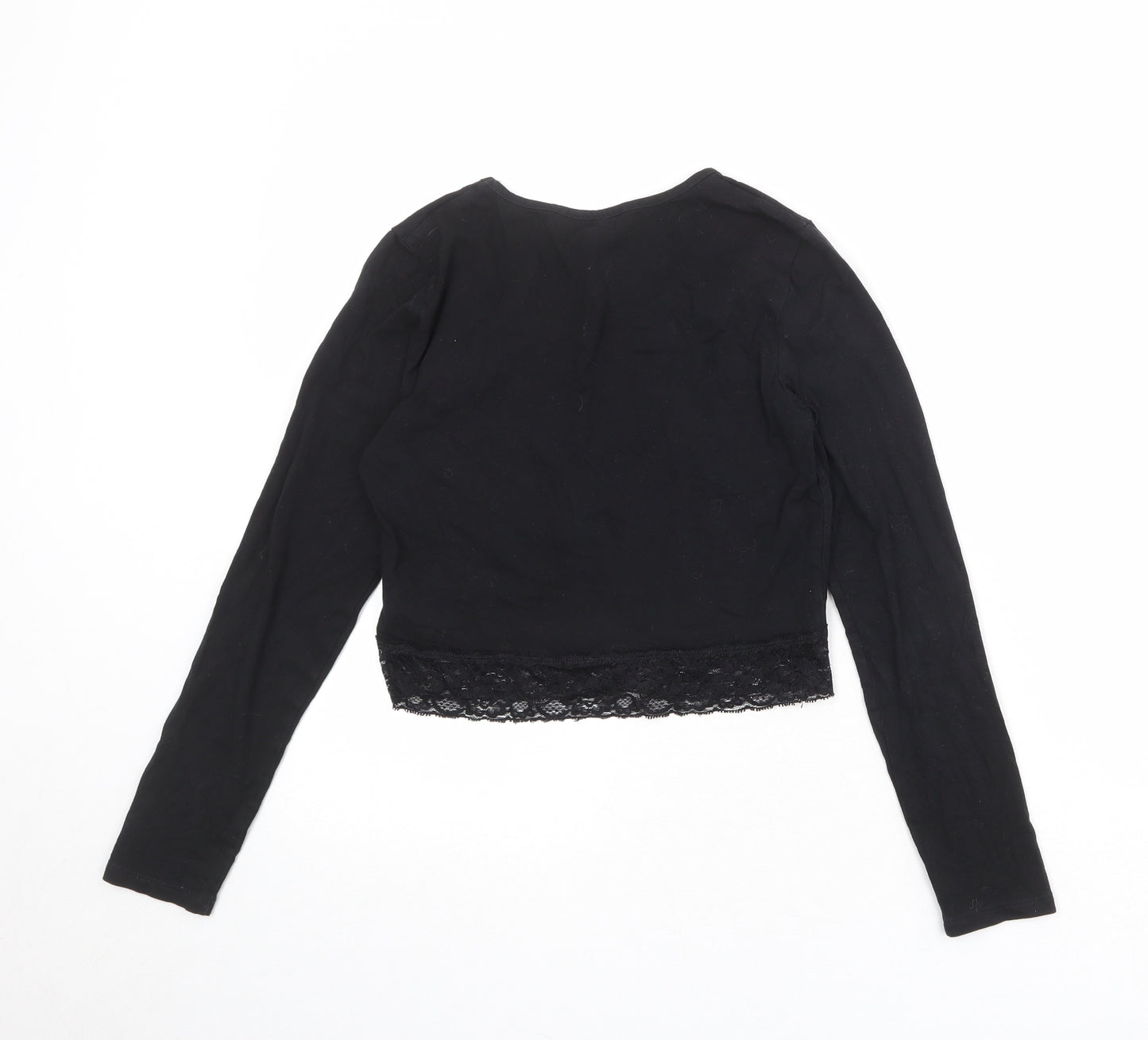New Look Girls Black Cotton Cropped T-Shirt Size 14-15 Years Round Neck Pullover - Lace Details