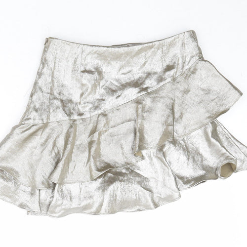 Zara Womens Silver Viscose Hot Pants Shorts Size M Regular Zip - Metallic Skort