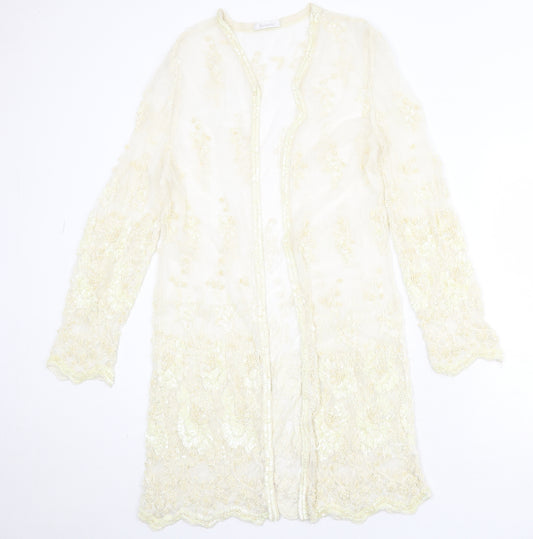 Berkertex Womens Ivory Herringbone Viscose Kimono Blouse Size M V-Neck - Beaded Sequin