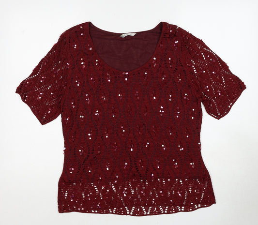 Debenhams Womens Red Geometric Viscose Basic Tank Size 20 Scoop Neck - Knit Overlay, Sequins