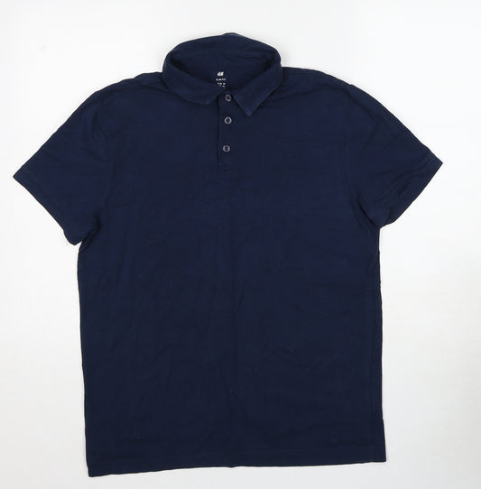 H&M Mens Blue Cotton Polo Size M Collared Pullover
