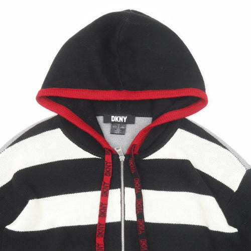 DKNY Womens Black Striped Acrylic Full Zip Hoodie Size L Zip