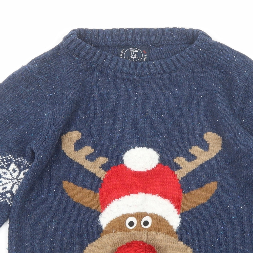 NEXT Boys Blue Round Neck Acrylic Pullover Jumper Size 7 Years Pullover - Reindeer Christmas