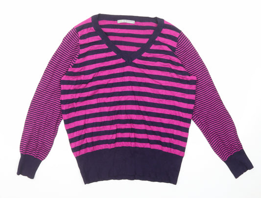 Marks and Spencer Womens Pink V-Neck Striped Viscose Pullover Jumper Size 16