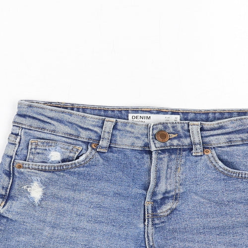 Bershka Womens Blue Cotton Hot Pants Shorts Size 4 Regular Zip - Distressed