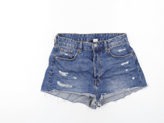 H&M Womens Blue Cotton Cut-Off Shorts Size 10 Regular Button - Distressed