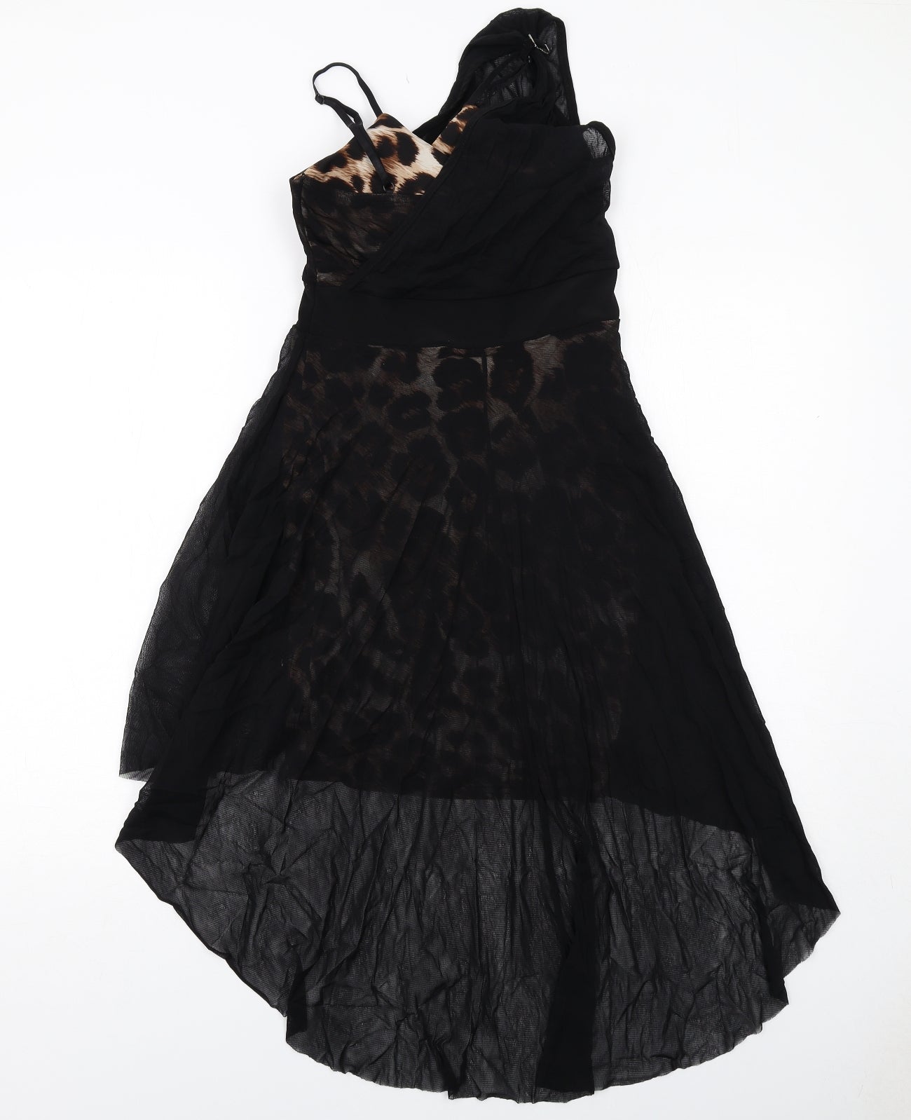 Progress Womens Black Animal Print Polyester Trapeze & Swing Size M V-Neck Pullover - Leopard Pattern Sheer Overlay