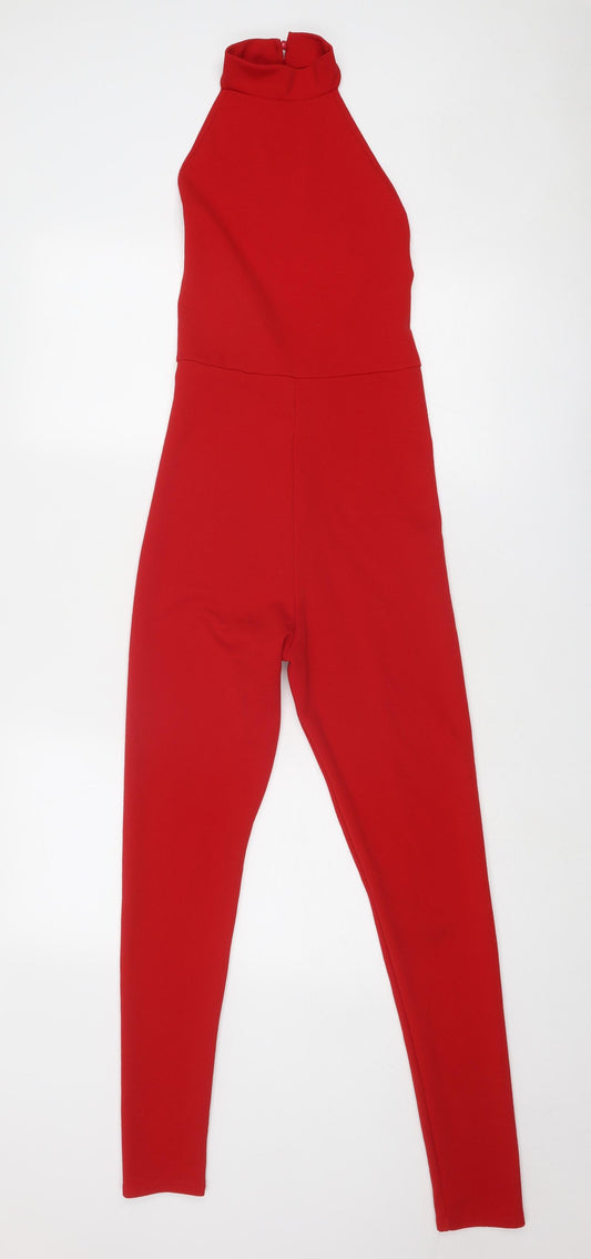 PRETTYLITTLETHING Womens Red Polyester Jumpsuit One-Piece Size 4 Button
