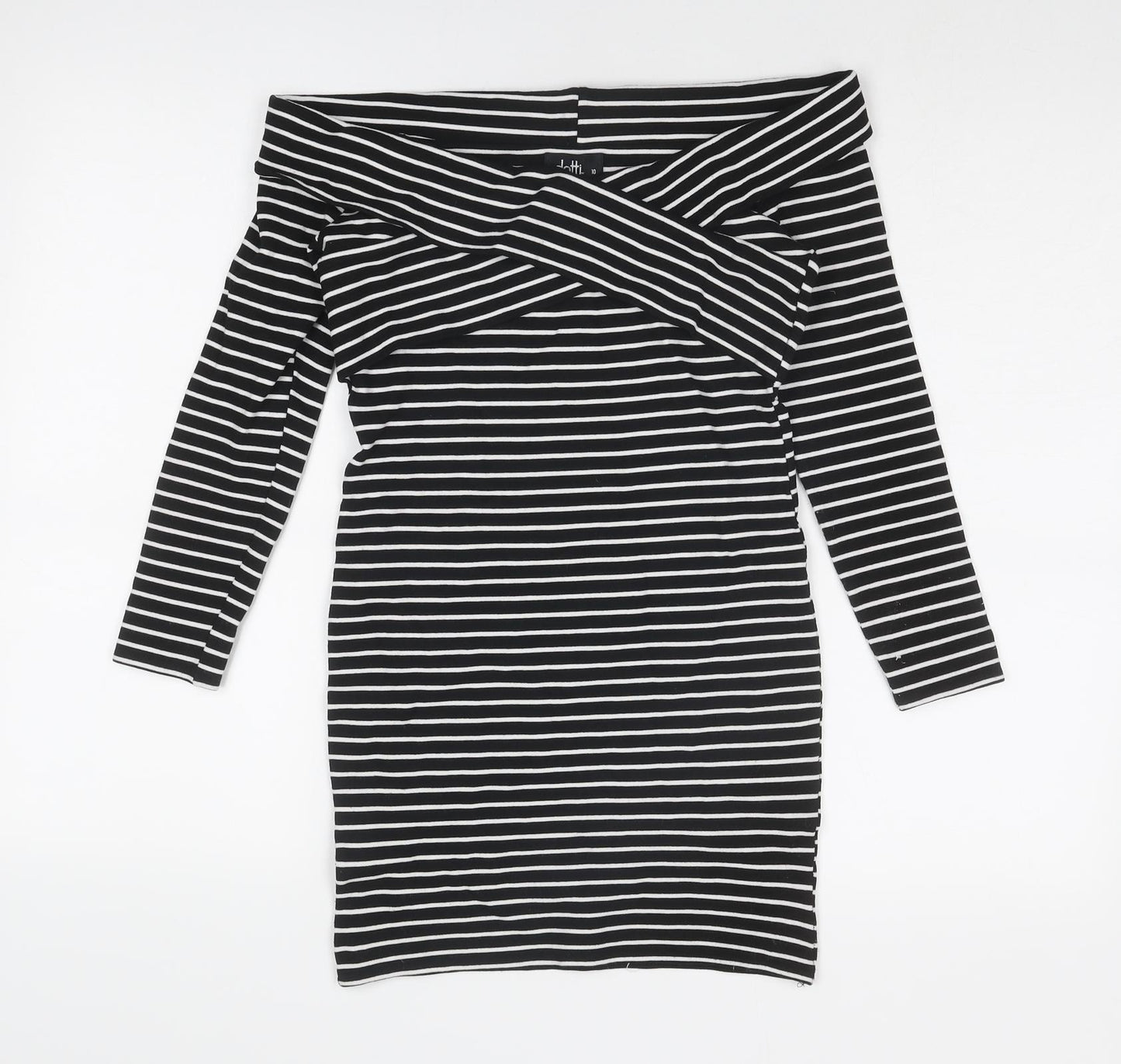 Dotti Womens Black Striped Viscose Bodycon Size 10 Off the Shoulder Pullover