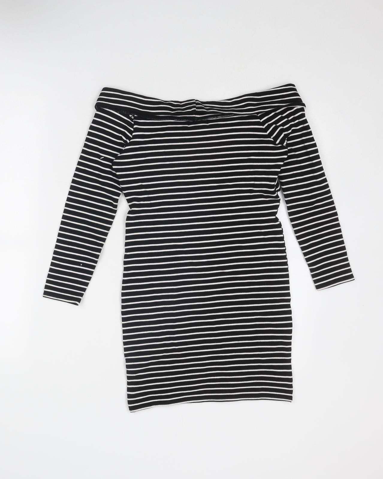Dotti Womens Black Striped Viscose Bodycon Size 10 Off the Shoulder Pullover