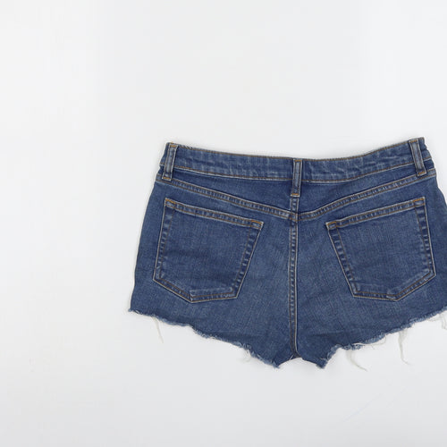 Topshop Womens Blue Cotton Hot Pants Shorts Size 10 L3 in Regular Button - Frayed Hem