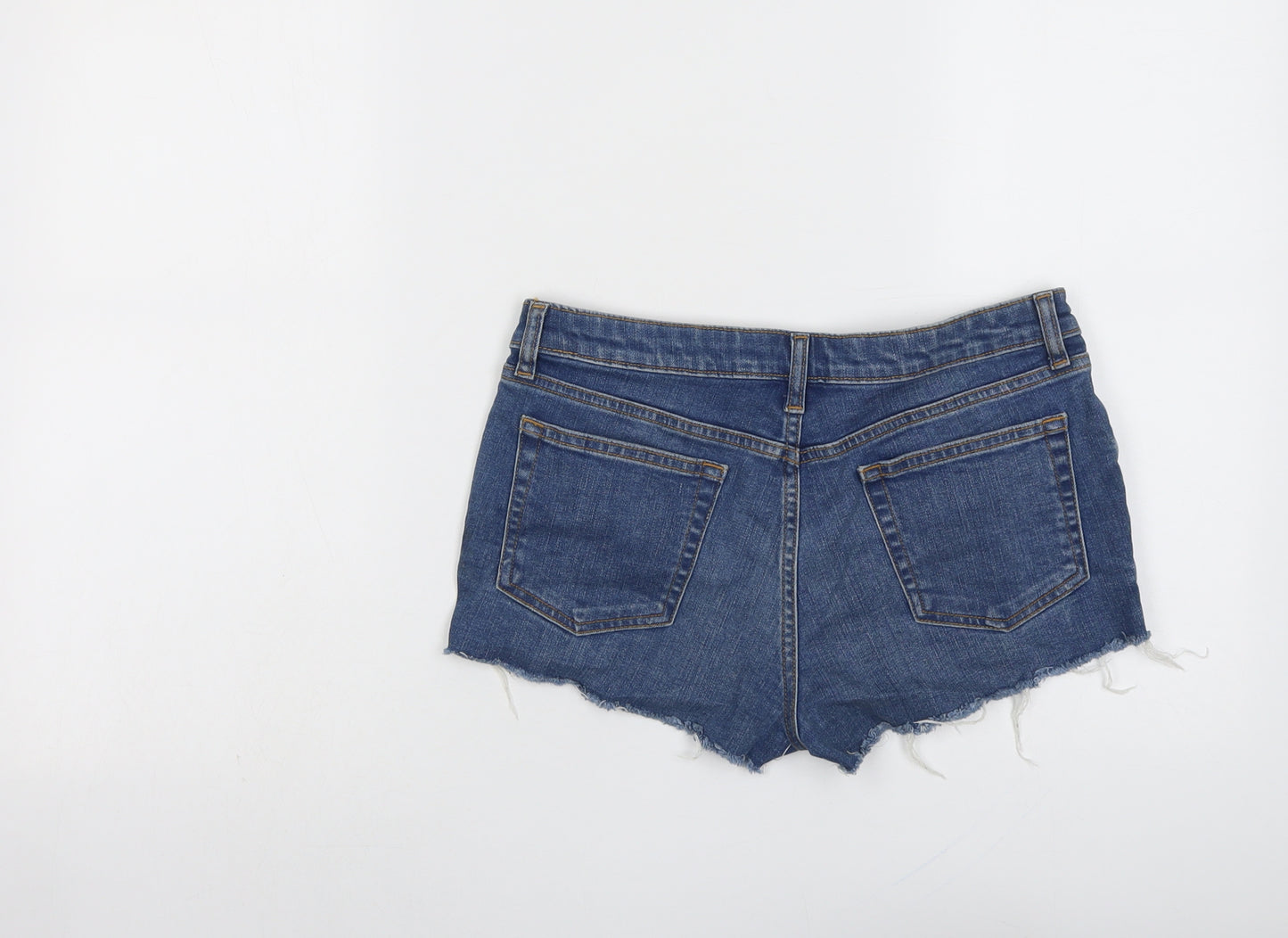 Topshop Womens Blue Cotton Hot Pants Shorts Size 10 L3 in Regular Button - Frayed Hem