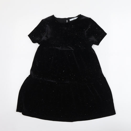 Marks and Spencer Girls Black Polyester A-Line Size 7-8 Years Boat Neck Button - Tiered