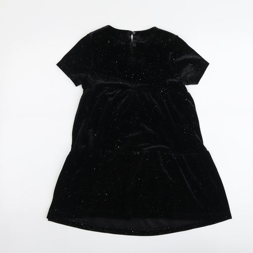 Marks and Spencer Girls Black Polyester A-Line Size 7-8 Years Boat Neck Button - Tiered
