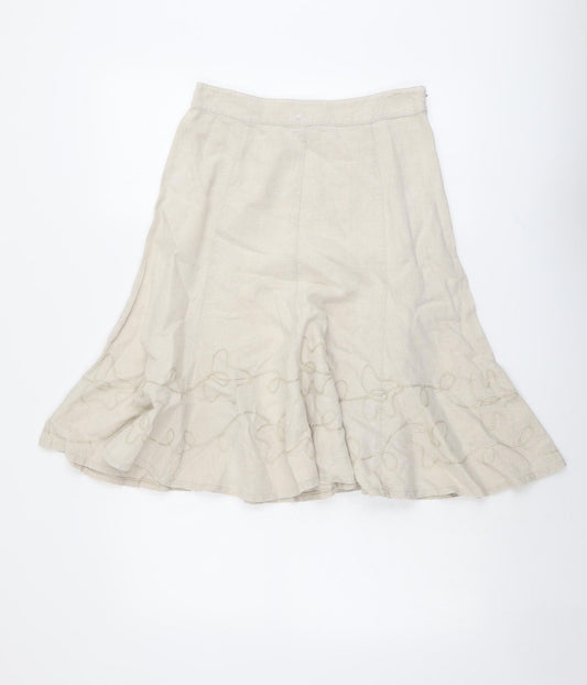 Per Una Womens Beige Linen Flare Skirt Size 8 Zip - Embroidered