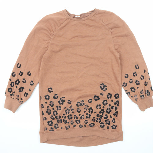 NEXT Girls Brown Animal Print Cotton Jumper Dress Size 11 Years Crew Neck Pullover - Leopard Print