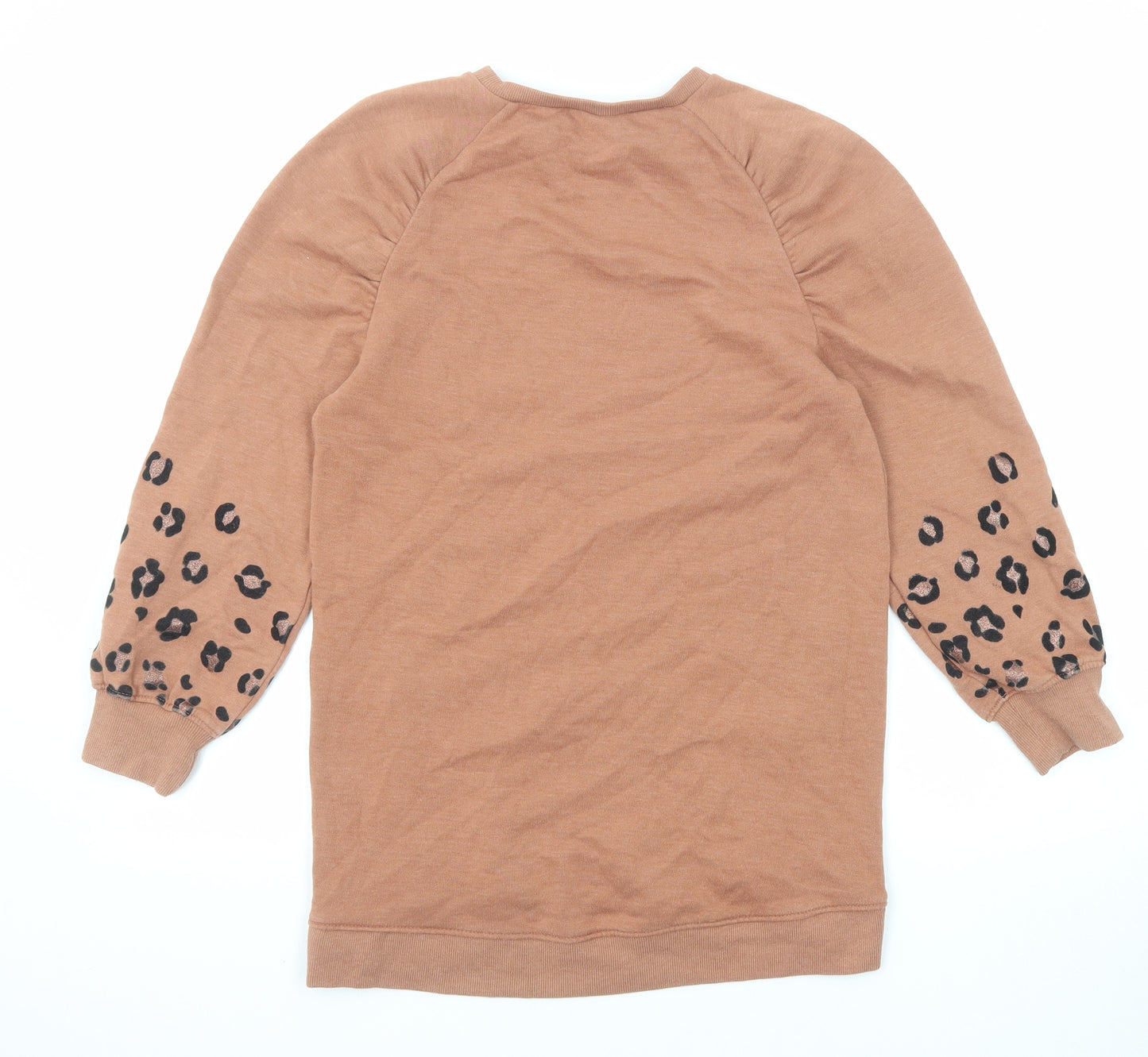 NEXT Girls Brown Animal Print Cotton Jumper Dress Size 11 Years Crew Neck Pullover - Leopard Print
