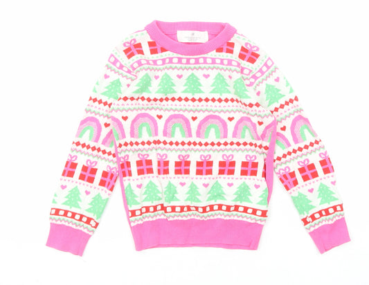 H&M Girls Pink Round Neck Geometric Cotton Pullover Jumper Size 2-3 Years Pullover - Christmas