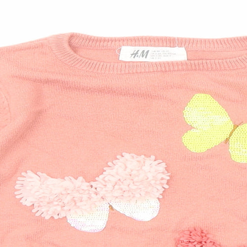 H&M Girls Pink Round Neck Cotton Pullover Jumper Size 2-3 Years Pullover - Butterflies