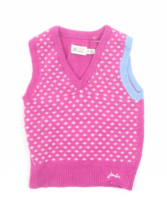 Joules Girls Pink V-Neck Geometric Cotton Pullover Jumper Size 4 Years Pullover