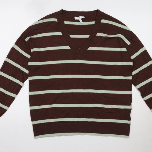 B Young Mens Brown V-Neck Striped Polyester Pullover Jumper Size M Long Sleeve