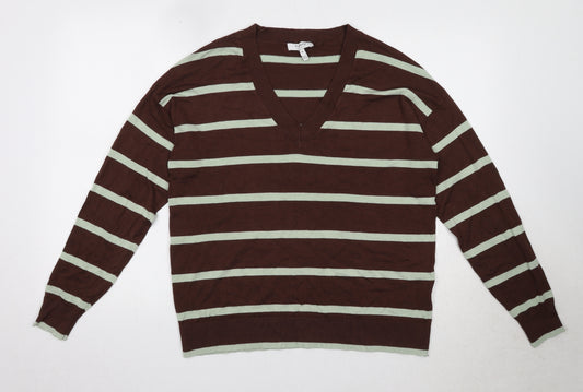 B Young Mens Brown V-Neck Striped Polyester Pullover Jumper Size M Long Sleeve