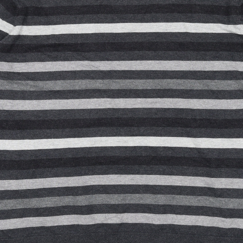 Marks and Spencer Mens Grey V-Neck Striped Cotton Pullover Jumper Size M Long Sleeve