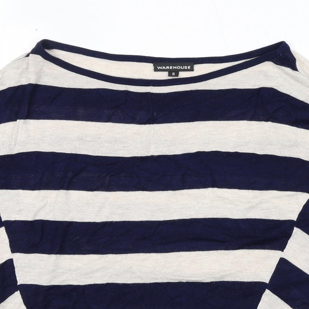 Warehouse Womens Blue Boat Neck Striped Viscose Pullover Jumper Size 12