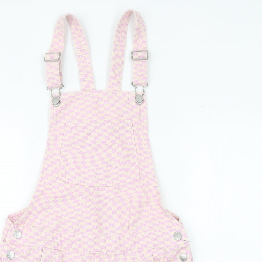Marks and Spencer Girls Pink Geometric 100% Cotton Dungaree One-Piece Size 13-14 Years Buckle
