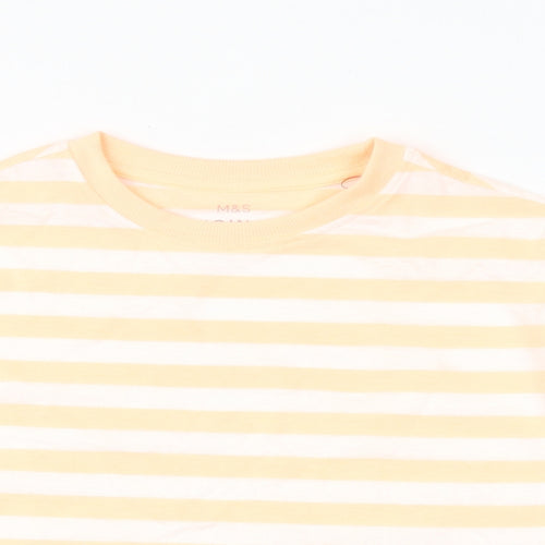 Marks and Spencer Girls Orange Striped Cotton Basic T-Shirt Size 7-8 Years Round Neck Pullover