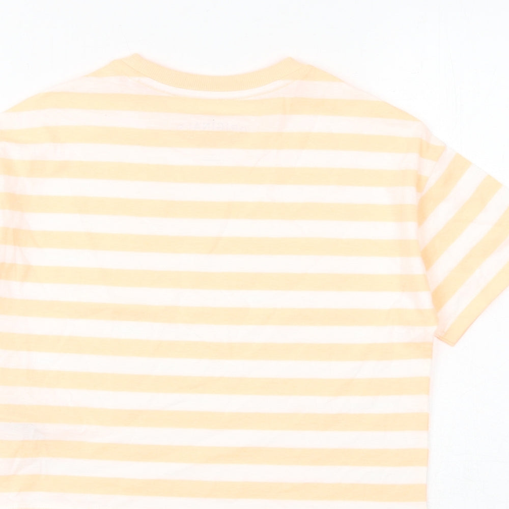 Marks and Spencer Girls Orange Striped Cotton Basic T-Shirt Size 7-8 Years Round Neck Pullover