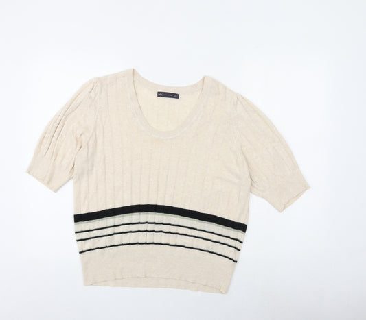 Marks and Spencer Womens Beige Round Neck Viscose Pullover Jumper Size 16 Pullover - Stripe Ribbed