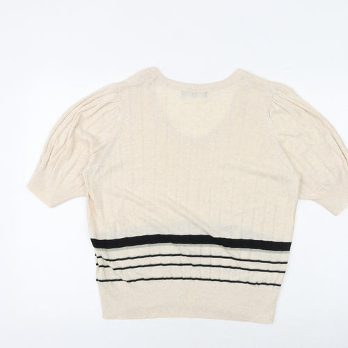 Marks and Spencer Womens Beige Round Neck Viscose Pullover Jumper Size 16 Pullover - Stripe Ribbed