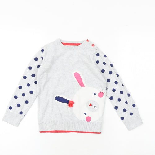 Marks and Spencer Girls Grey Crew Neck Polka Dot 100% Cotton Pullover Jumper Size 4-5 Years Button - Bunny