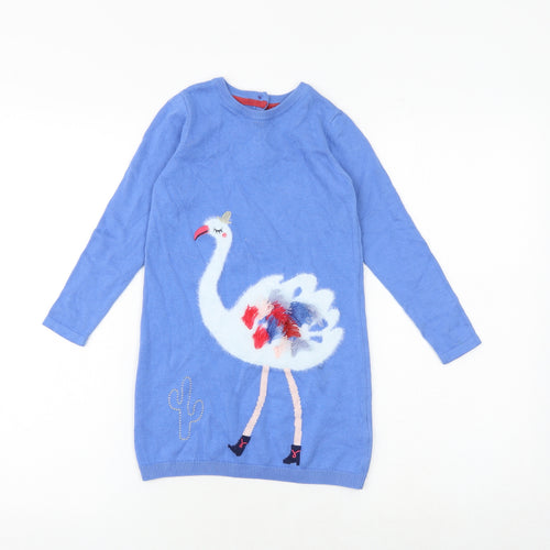 Marks and Spencer Girls Blue 100% Cotton Jumper Dress Size 4-5 Years Round Neck Button - Swan Print