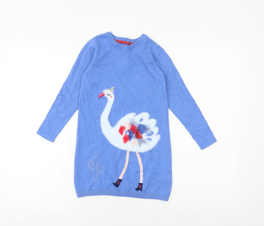Marks and Spencer Girls Blue 100% Cotton Jumper Dress Size 4-5 Years Round Neck Button - Swan Print