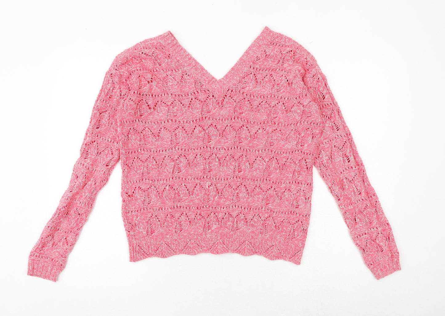 NEXT Womens Pink V-Neck Geometric Cotton Pullover Jumper Size XS