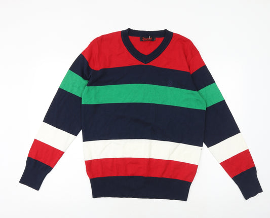 Dovani Mens Multicoloured V-Neck Striped Acrylic Pullover Jumper Size L Long Sleeve