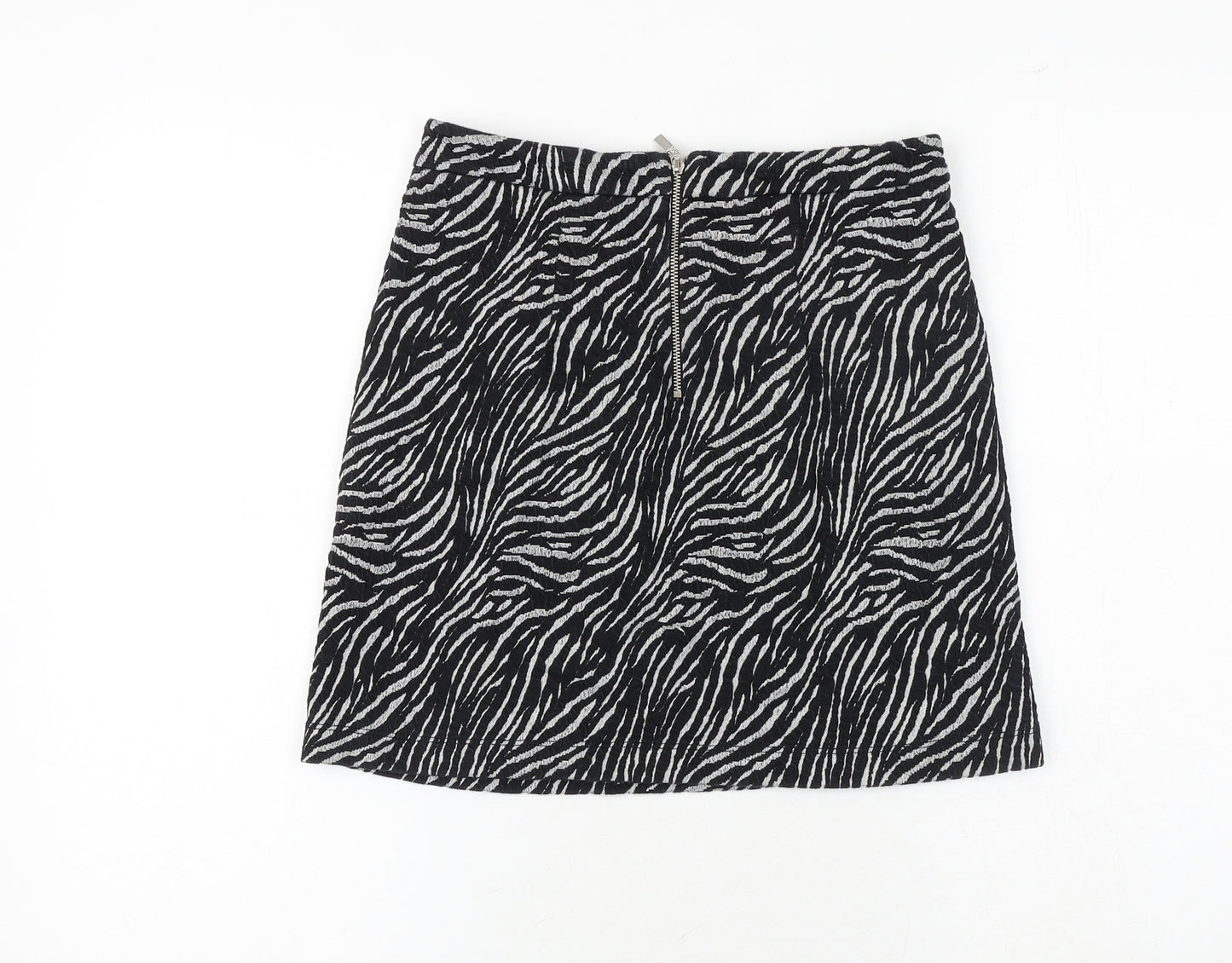 NEXT Womens Black Animal Print Cotton A-Line Skirt Size 6 Zip - Zebra Pattern