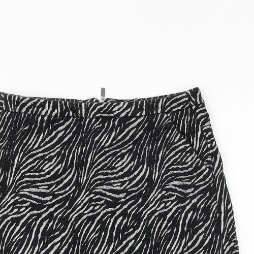 NEXT Womens Black Animal Print Cotton A-Line Skirt Size 6 Zip - Zebra Pattern