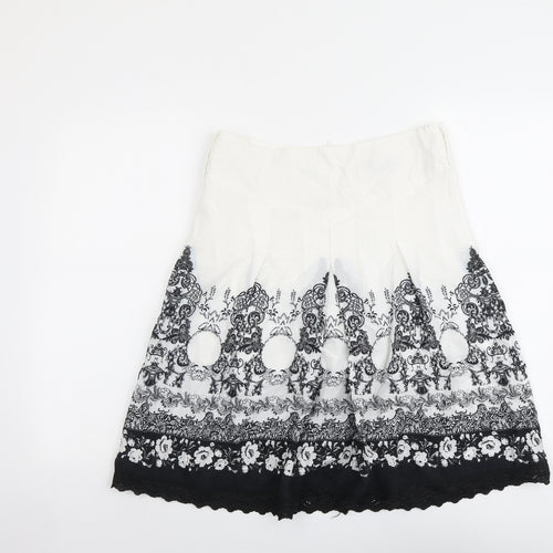 VILA Womens White Geometric Cotton A-Line Skirt Size S Zip