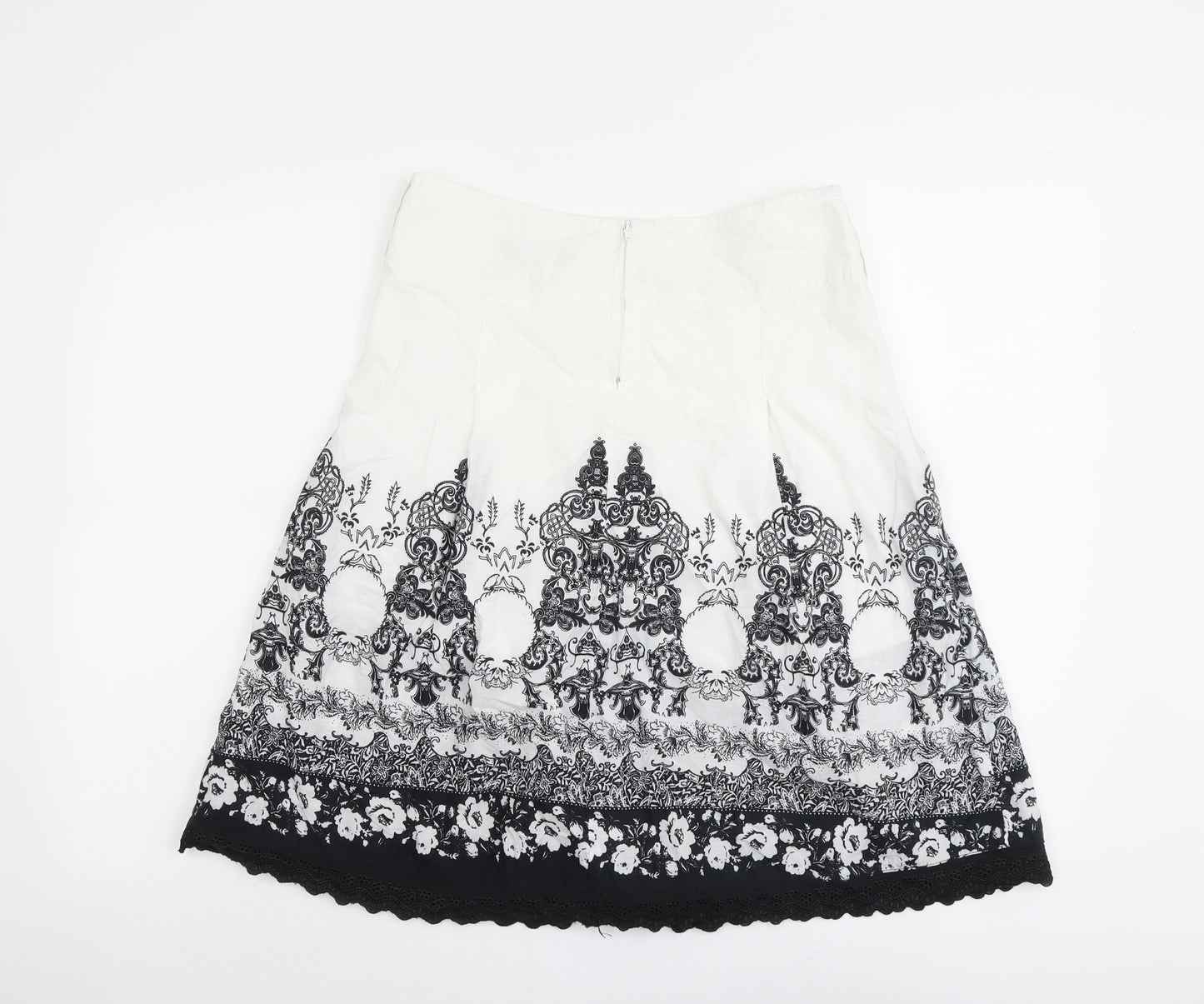 VILA Womens White Geometric Cotton A-Line Skirt Size S Zip