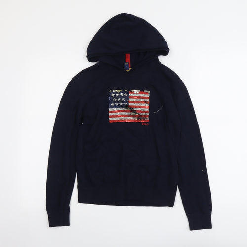 Polo Ralph Lauren Girls Blue Cotton Pullover Hoodie Size 12-13 Years Pullover - American Flag Sequin