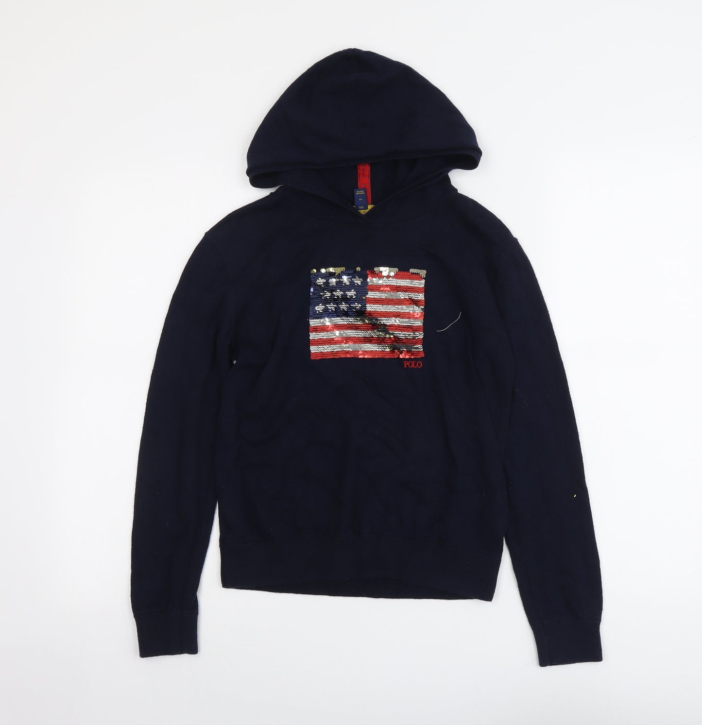 Polo Ralph Lauren Girls Blue Cotton Pullover Hoodie Size 12-13 Years Pullover - American Flag Sequin